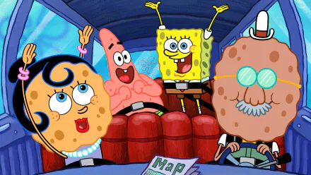 HD PC desktop wallpaper featuring SpongeBob SquarePants and friends Patrick, Mrs. Puff, and Mr. Krabs inside a boat from the TV show SpongeBob SquarePants.