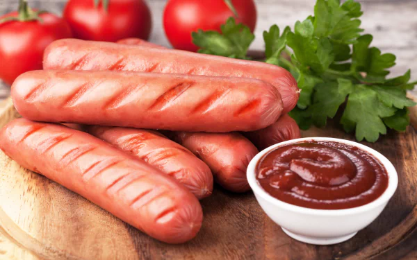 5K Ultra HD PC desktop wallpaper of grilled sausages with ketchup in a bowl on a wooden board, fresh parsley and tomatoes—appetizing meat food image.
