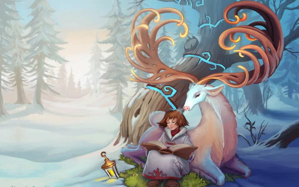 A child reads a book beside a majestic elk with glowing antlers in a snowy winter forest, blending fantasy elements in an HD PC desktop wallpaper.