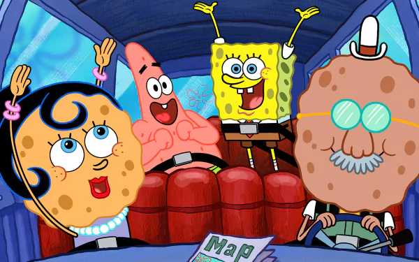 HD PC desktop wallpaper featuring SpongeBob SquarePants and friends Patrick, Mrs. Puff, and Mr. Krabs inside a boat from the TV show SpongeBob SquarePants.
