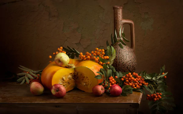 berry pumpkin pitcher photography still life HD Desktop Wallpaper | Background Image