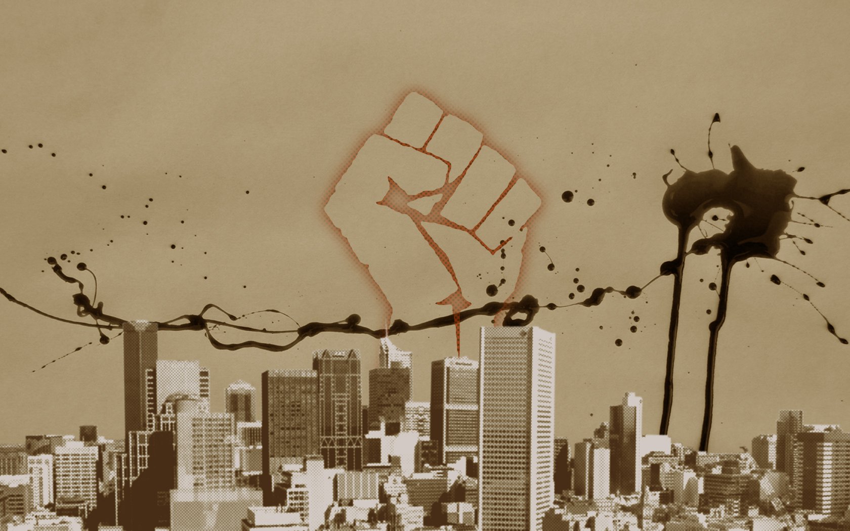 HD PC desktop wallpaper featuring a cityscape with a raised fist symbol blending into music-inspired ink splatters and a subtle house outline.