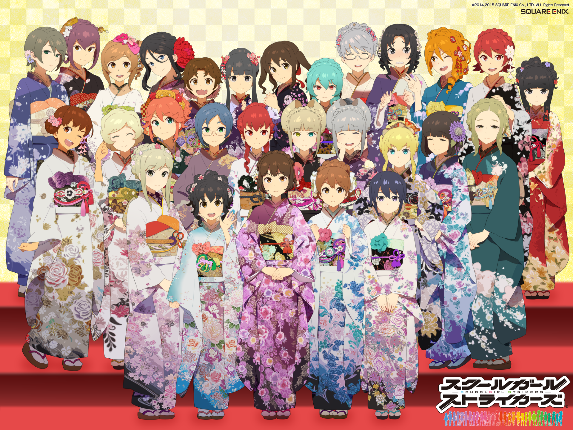 HD PC desktop wallpaper featuring characters from the anime Schoolgirl Strikers: Animation Channel dressed in colorful kimonos, arranged in a group portrait.