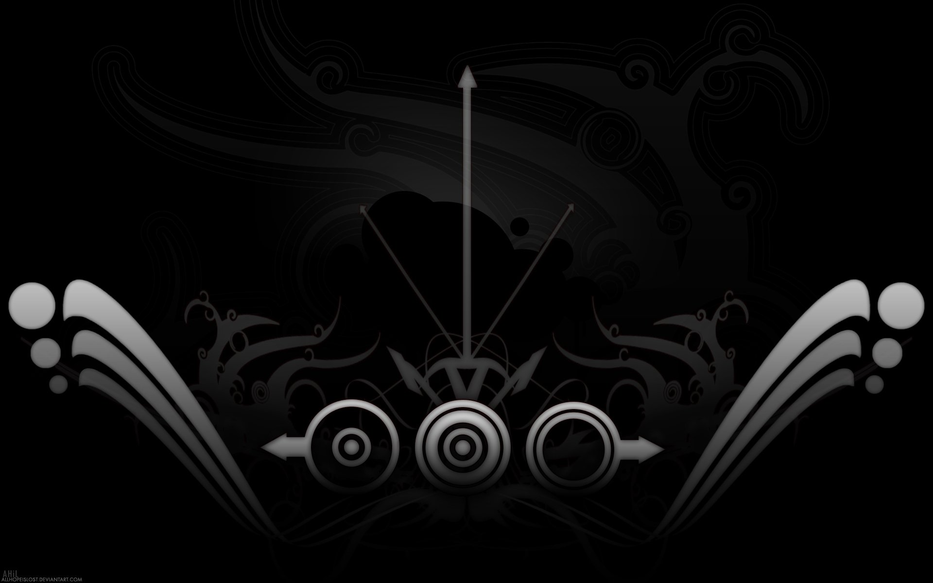Artistic abstract design with symmetrical arrows and circular patterns in grayscale on a dark background, created as an HD PC desktop wallpaper and background.