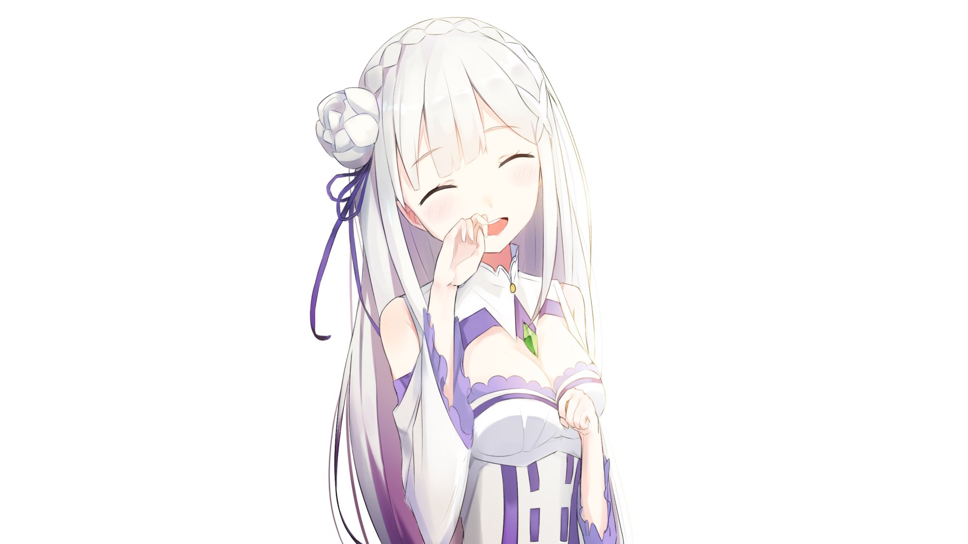 HD desktop wallpaper of Emilia from the anime Re:Zero - Starting Life in Another World, depicting her smiling with eyes closed, dressed in her iconic purple and white outfit.