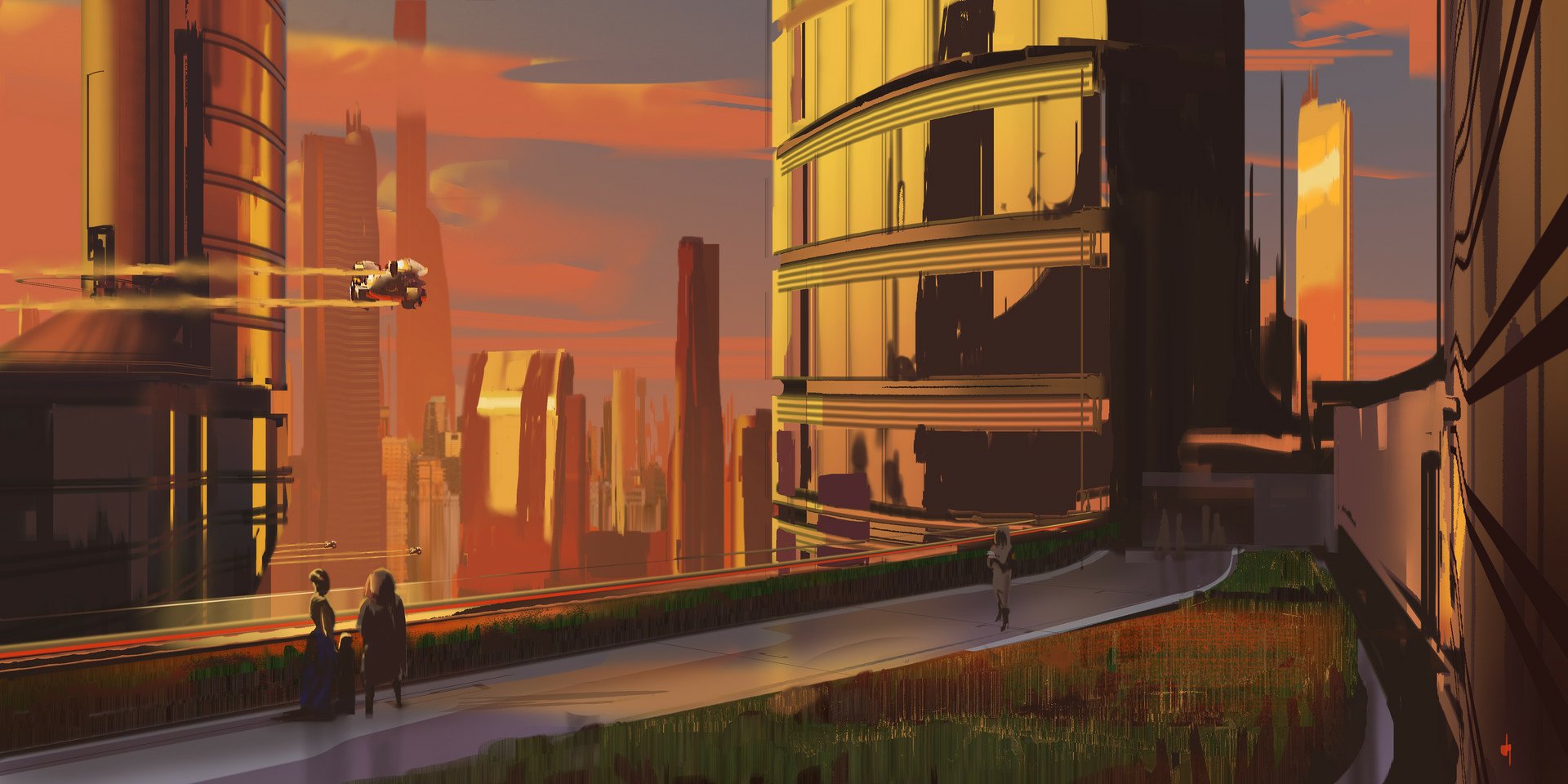 HD desktop wallpaper of a futuristic city at sunset with high-rises, pedestrians, and green spaces.