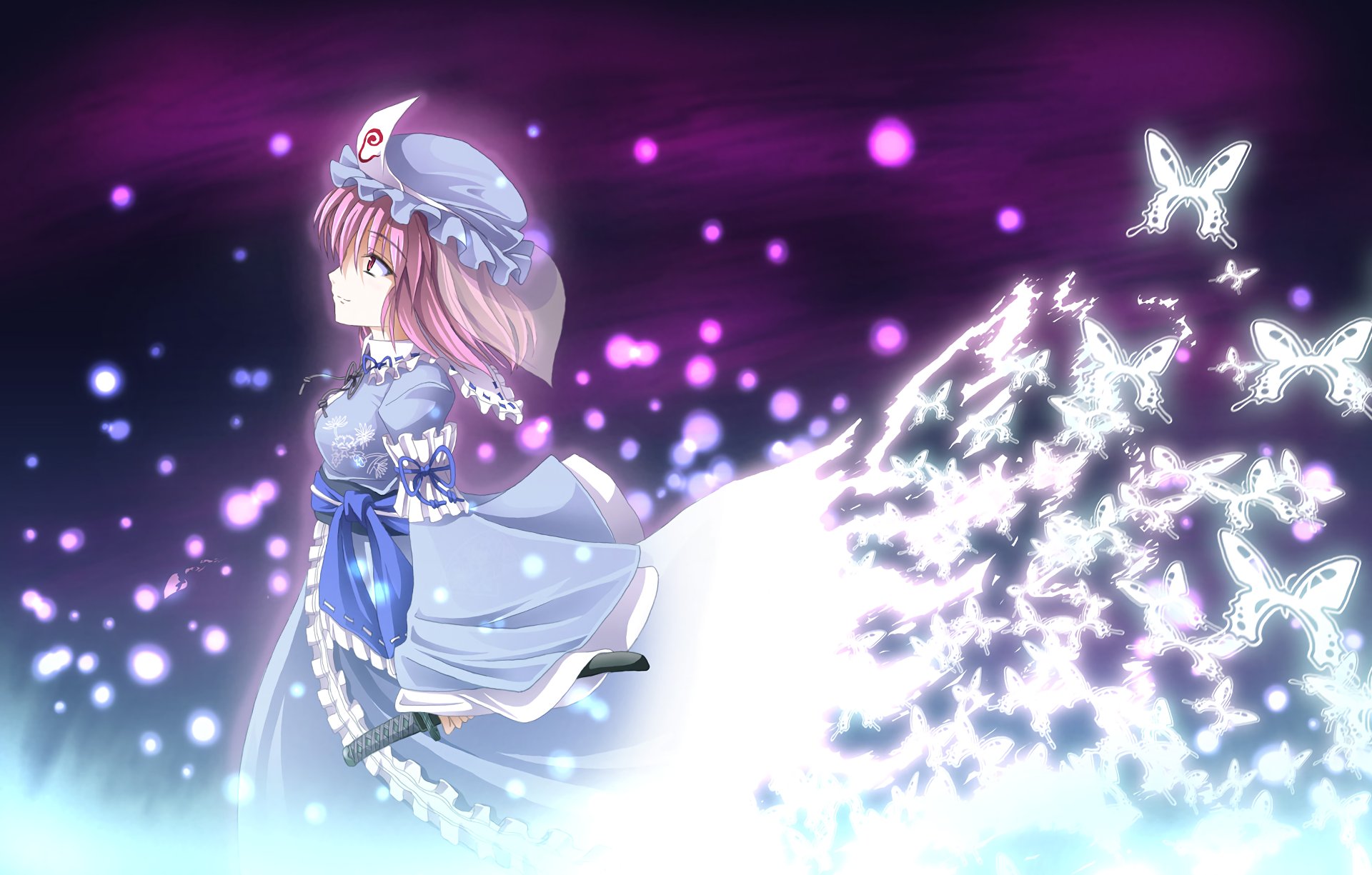HD anime desktop wallpaper featuring Yuyuko Saigyouji from Touhou, surrounded by glowing butterflies and soft purple and blue light effects.
