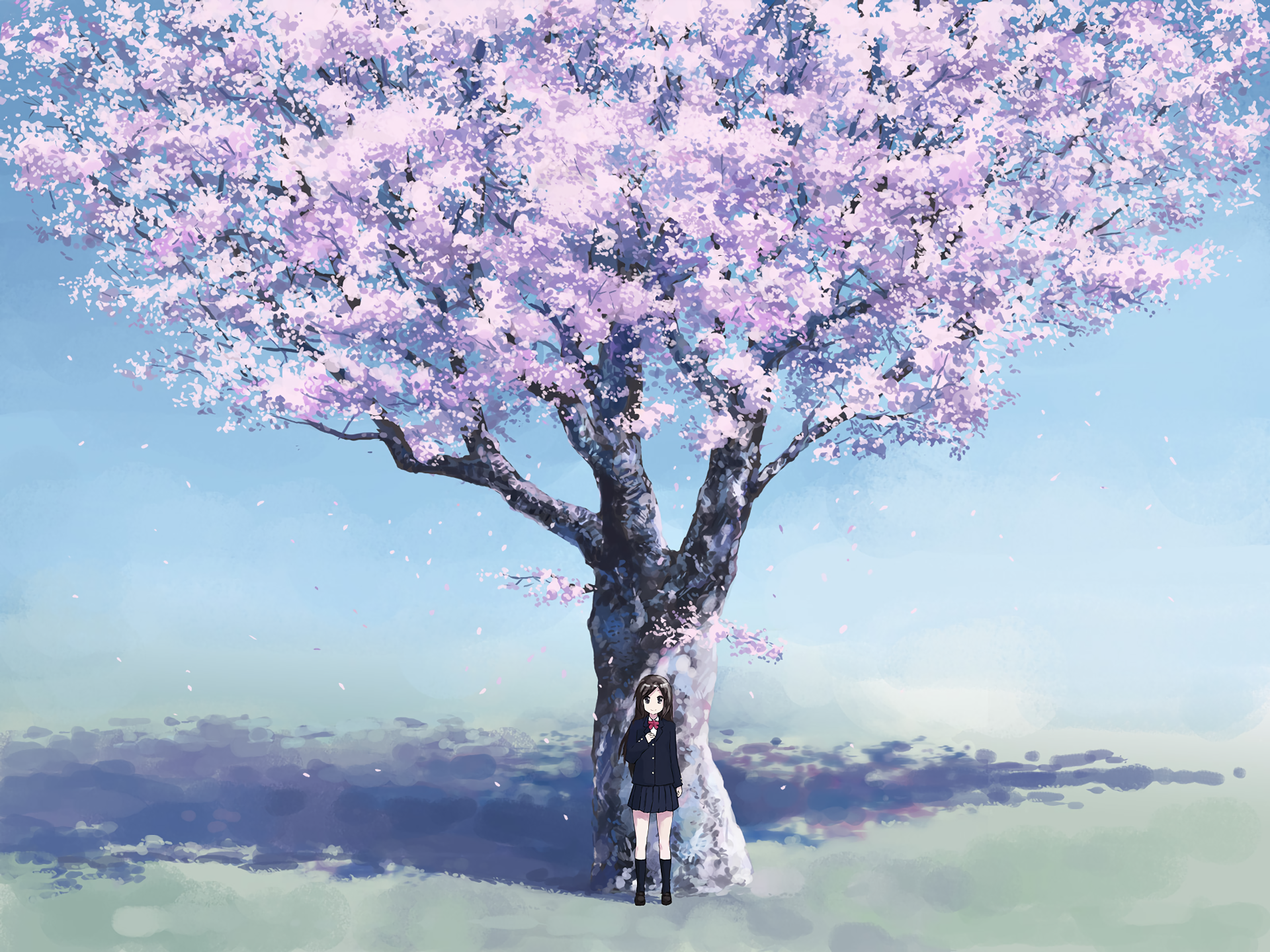 Anime HD PC desktop wallpaper: girl in a school uniform leaning against a large cherry-blossom tree, pink petals drifting beneath a pale blue sky.