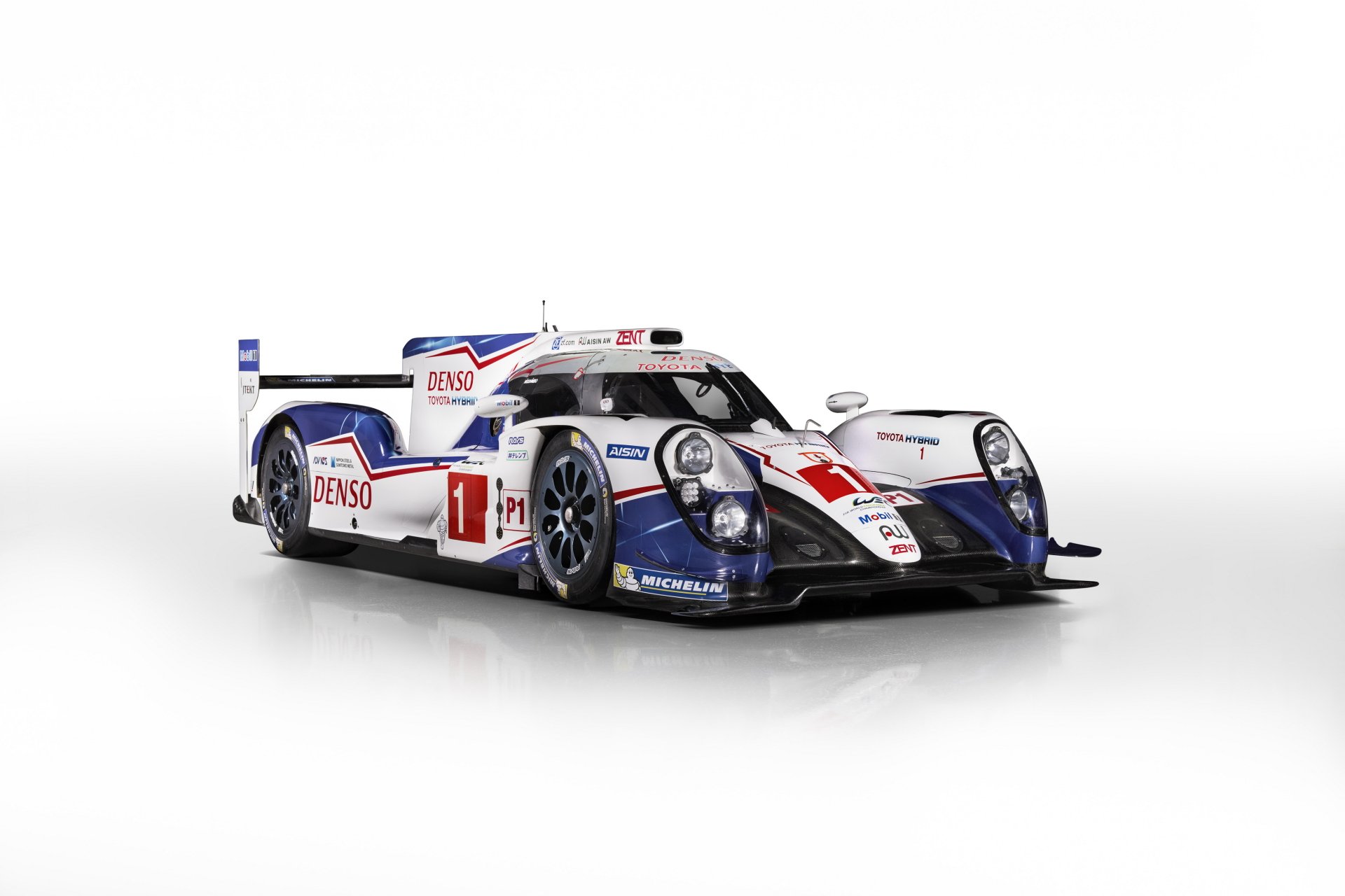 4K Ultra HD wallpaper featuring a Toyota TS040 Hybrid race car against a clean white background, showcasing its aerodynamic design and detailed livery.