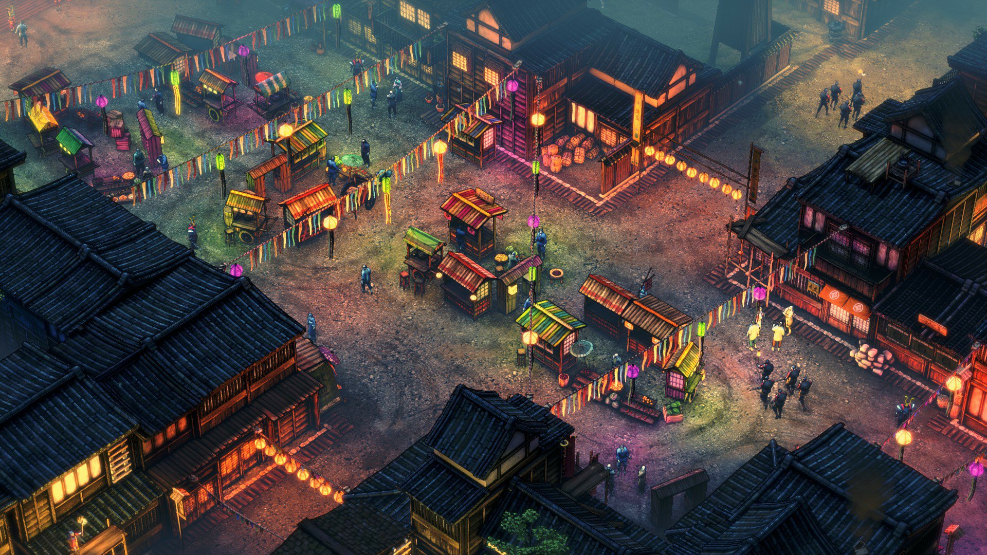 HD desktop wallpaper of Shadow Tactics: Blades of the Shogun, featuring an overhead view of a vibrant, lantern-lit village scene at dusk.