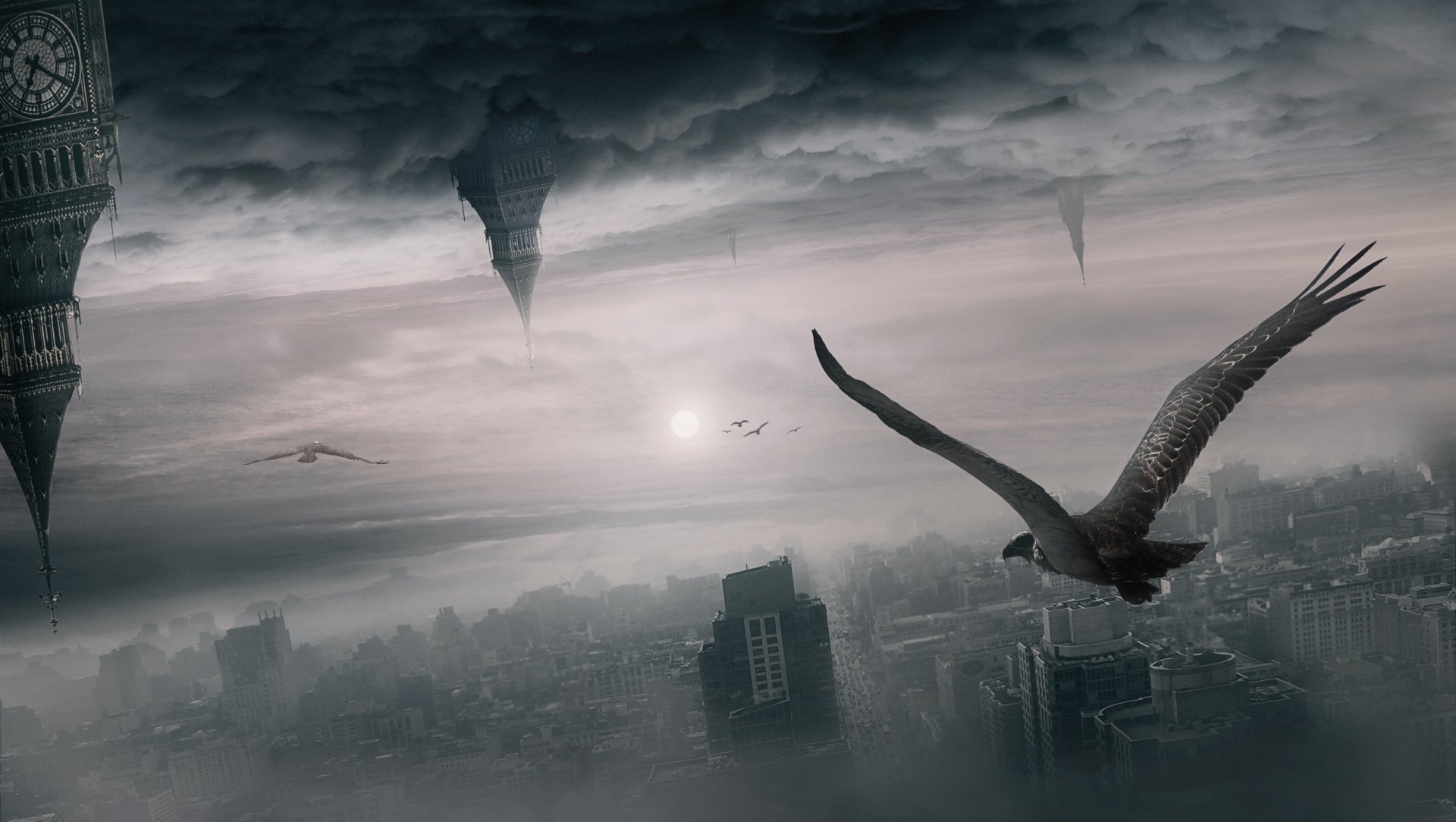 Monochrome fantasy cityscape featuring Big Ben, dark clouds, and soaring birds, captured in HD for a dramatic PC desktop wallpaper background.