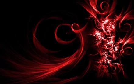 A striking abstract HD desktop wallpaper featuring vibrant red swirls and patterns against a deep black background, creating a dramatic visual impact.