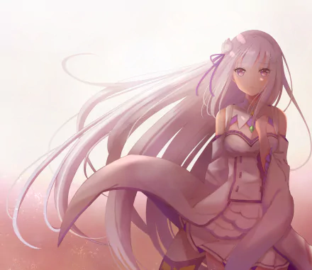 A high-definition desktop wallpaper featuring Emilia from the anime Re:Zero - Starting Life in Another World. The image showcases Emilia in a serene and elegant pose with pastel tones in the background.