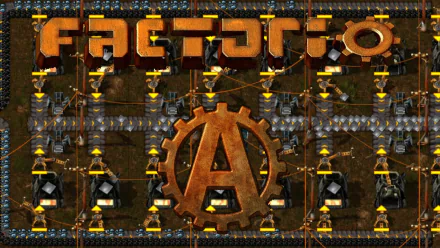 HD desktop wallpaper featuring the Factorio logo with industrial gears and machinery as a background.