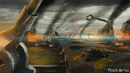 HD desktop wallpaper featuring Factorio, with detailed industrial machinery and a dynamic, dystopian landscape.