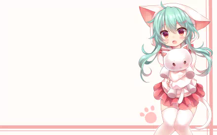 Anime-style 4K Ultra HD desktop wallpaper featuring a Schoolgirl Strikers: Animation Channel character with teal hair and cat ears, holding a pink plush toy.