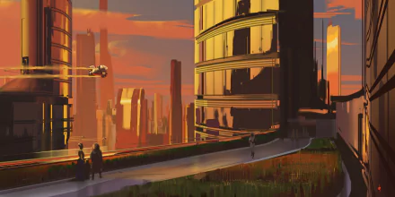 HD desktop wallpaper of a futuristic city at sunset with high-rises, pedestrians, and green spaces.