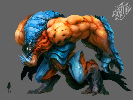 HD desktop wallpaper of a hulking creature with blue and orange skin, poised menacingly.