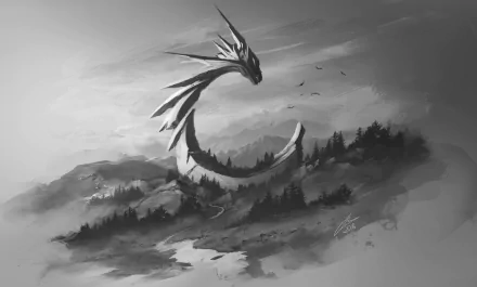 Monochrome HD wallpaper of a stylized dragon soaring above misty mountains, designed for desktop backgrounds.
