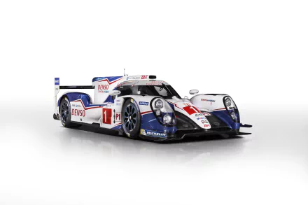 4K Ultra HD wallpaper featuring a Toyota TS040 Hybrid race car against a clean white background, showcasing its aerodynamic design and detailed livery.