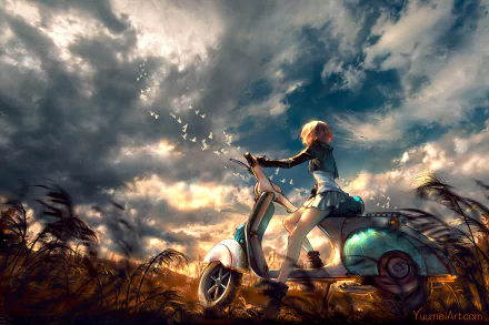 Anime artwork of a girl on a motorcycle against a dramatic sky with clouds. HD desktop wallpaper depicting a serene scene with golden and blue tones.