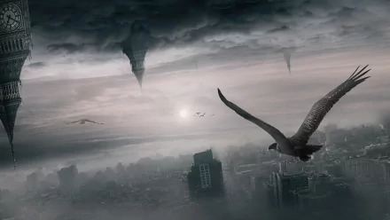 Monochrome fantasy cityscape featuring Big Ben, dark clouds, and soaring birds, captured in HD for a dramatic PC desktop wallpaper background.