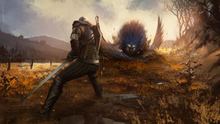Geralt of Rivia faces off against a monstrous creature in a scenic landscape, wielding his sword. HD wallpaper from The Witcher 3: Wild Hunt video game.