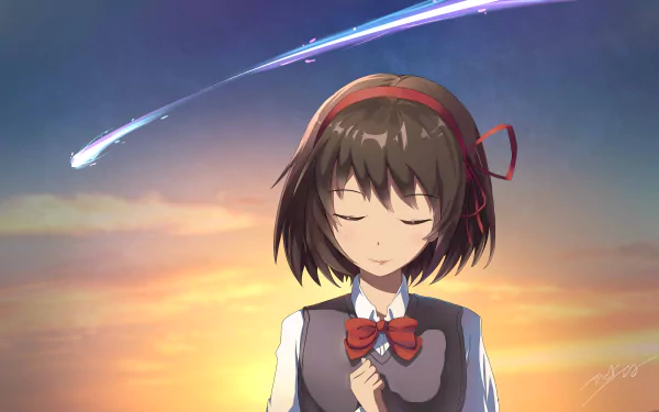 Mitsuha Miyamizu from the anime Your Name. stands with closed eyes at sunset, a comet streaking across the vibrant sky in this 4K Ultra HD PC desktop wallpaper.