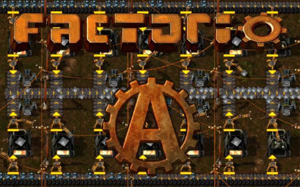 HD desktop wallpaper featuring the Factorio logo with industrial gears and machinery as a background.