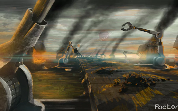 HD desktop wallpaper featuring Factorio, with detailed industrial machinery and a dynamic, dystopian landscape.