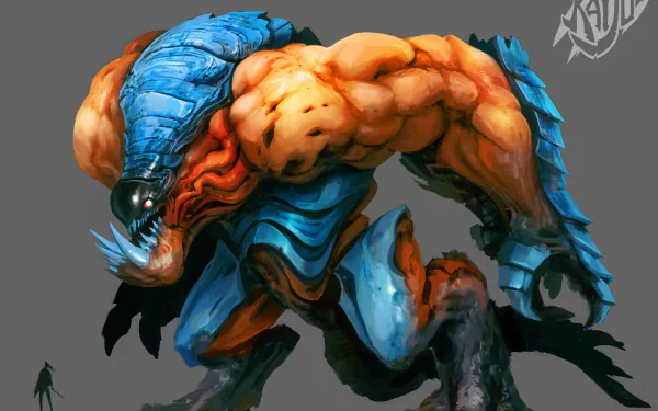 HD desktop wallpaper of a hulking creature with blue and orange skin, poised menacingly.
