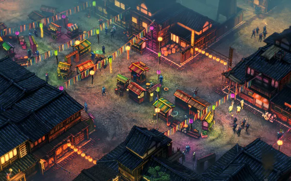 HD desktop wallpaper of Shadow Tactics: Blades of the Shogun, featuring an overhead view of a vibrant, lantern-lit village scene at dusk.