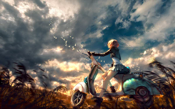 Anime artwork of a girl on a motorcycle against a dramatic sky with clouds. HD desktop wallpaper depicting a serene scene with golden and blue tones.