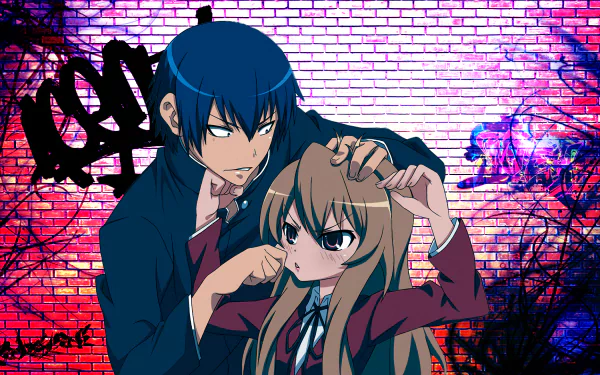 HD wallpaper of characters Taiga Aisaka and Ryuuji Takasu from the anime Toradora! standing in front of a graffiti-covered brick wall.