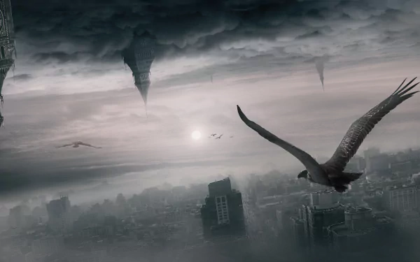 Monochrome fantasy cityscape featuring Big Ben, dark clouds, and soaring birds, captured in HD for a dramatic PC desktop wallpaper background.