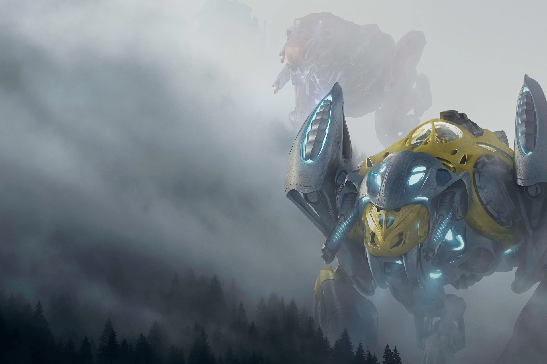 HD desktop wallpaper featuring Zords from Power Rangers (2017) emerging dramatically through misty clouds above a forest, tagged with Power Rangers and Zord.