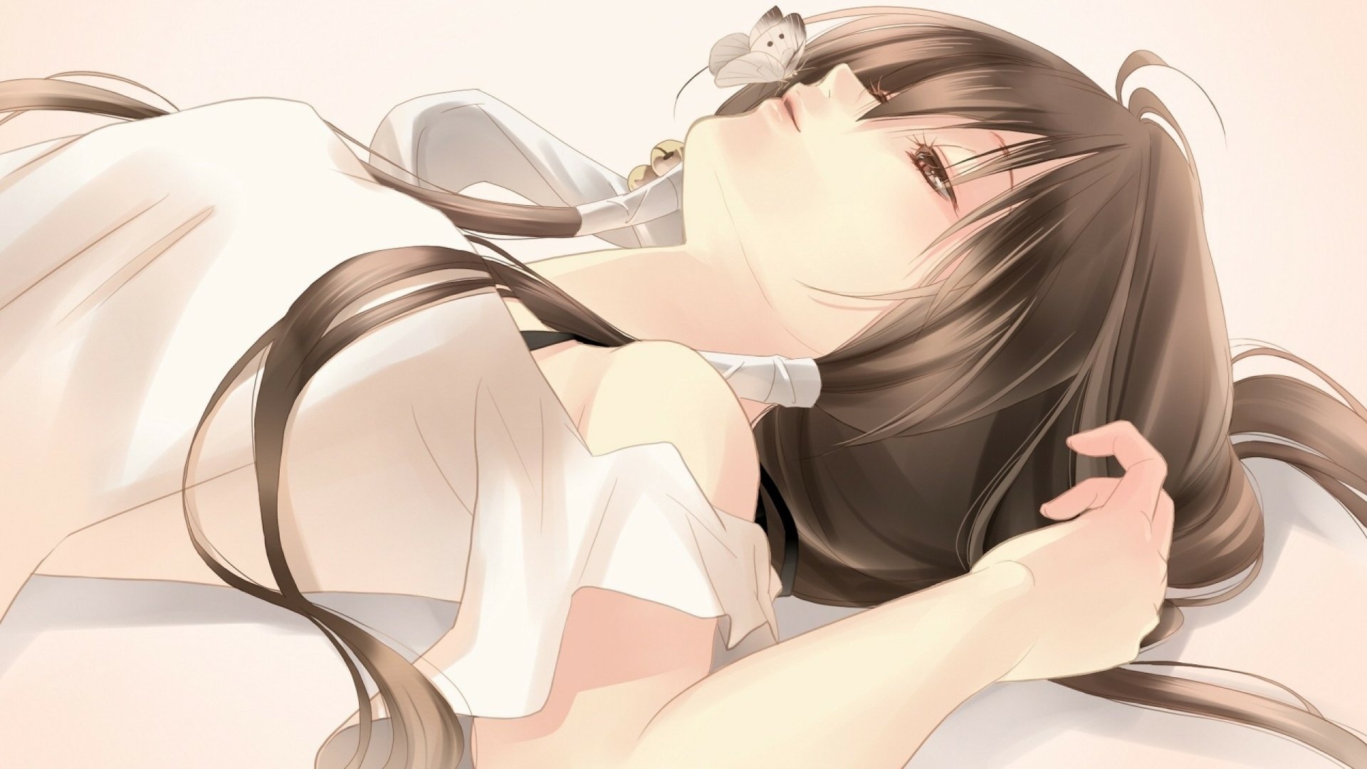HD anime desktop wallpaper featuring a calm woman from Get Backers with long brown hair lying down in soft, muted tones.