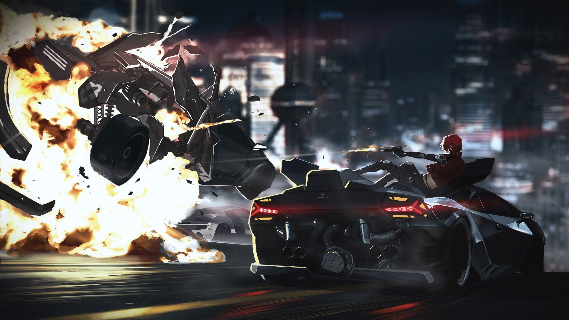 HD anime desktop background featuring an original scene of an intense high-speed chase in a futuristic city, with a motorbike and explosive action.