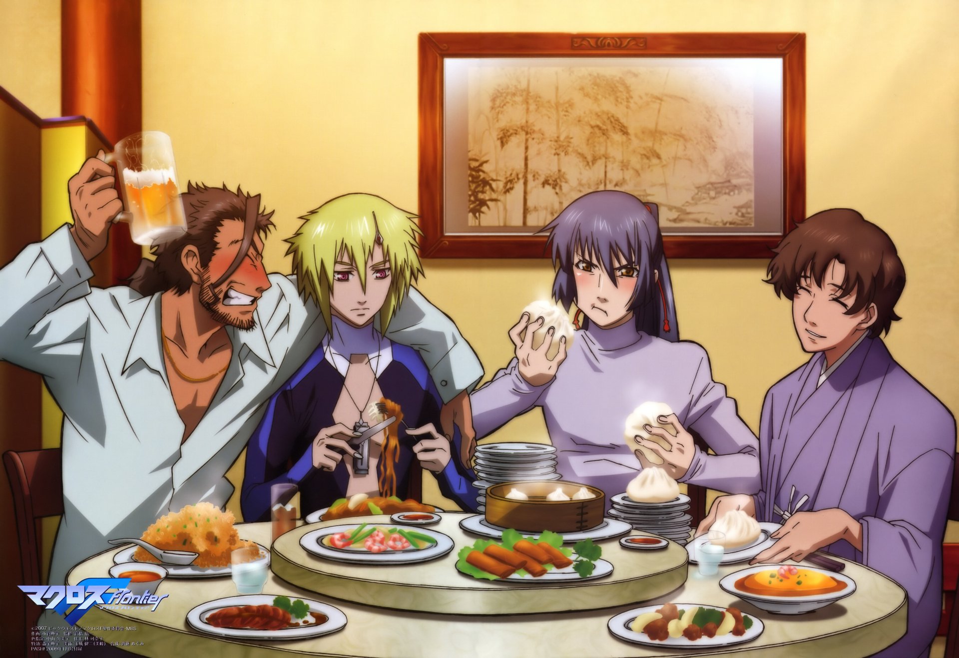 Anime Macross: four characters share a warm-lit dinner with plates, dumplings and drinks — 5K Ultra HD PC desktop wallpaper background.