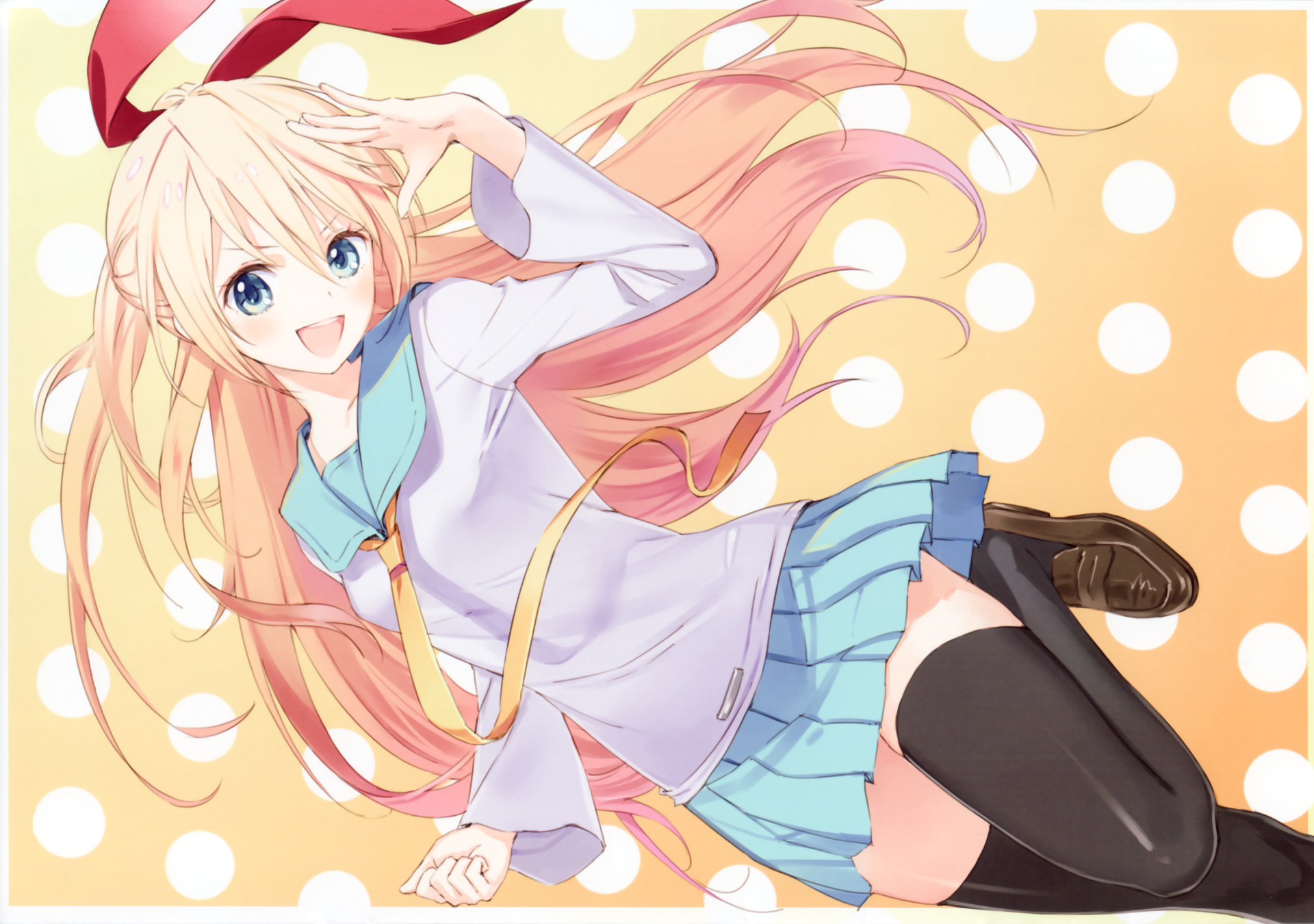 An HD desktop wallpaper of Chitoge Kirisaki from the anime Nisekoi. She has long blonde hair, blue eyes, and is wearing a school uniform with a skirt. The background features a polka dot pattern.