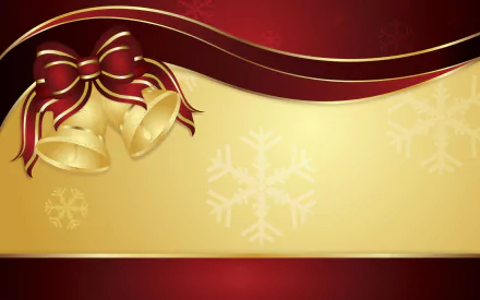 HD PC desktop wallpaper featuring golden holiday bells tied with a red ribbon against a gold and red background with subtle snowflakes, embodying a festive Christmas theme.