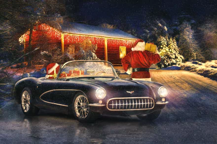 Santa stands beside a classic car at night during a gentle snowfall, with a warmly lit holiday cabin and decorated Christmas trees in the background.