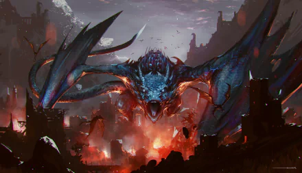 A high-definition desktop wallpaper featuring a fierce wyvern amidst a fiery rampage, wreaking havoc in a ruined city. The scene is set in a dark, fantasy setting with flames and destruction.