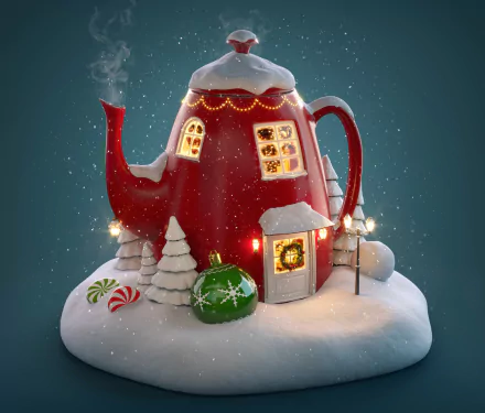HD Christmas holiday desktop wallpaper featuring a red teapot kettle transformed into a cozy snow-covered house with glowing windows and festive decorations.
