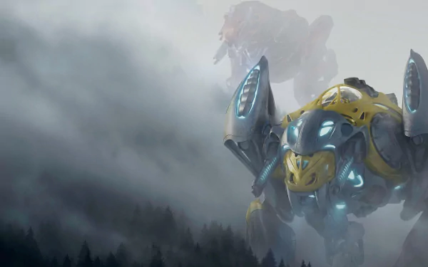 HD desktop wallpaper featuring Zords from Power Rangers (2017) emerging dramatically through misty clouds above a forest, tagged with Power Rangers and Zord.