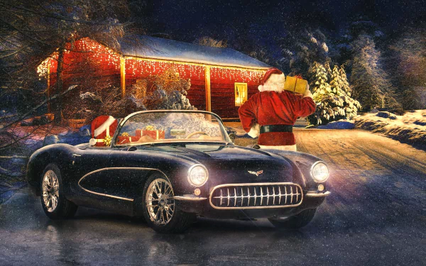 Santa stands beside a classic car at night during a gentle snowfall, with a warmly lit holiday cabin and decorated Christmas trees in the background.