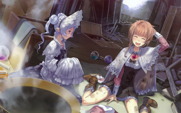 Atelier Totori 2K Quad HD PC desktop wallpaper/background: two anime girls in a cluttered alchemy workshop, one laughing, soft light and floating bubbles.