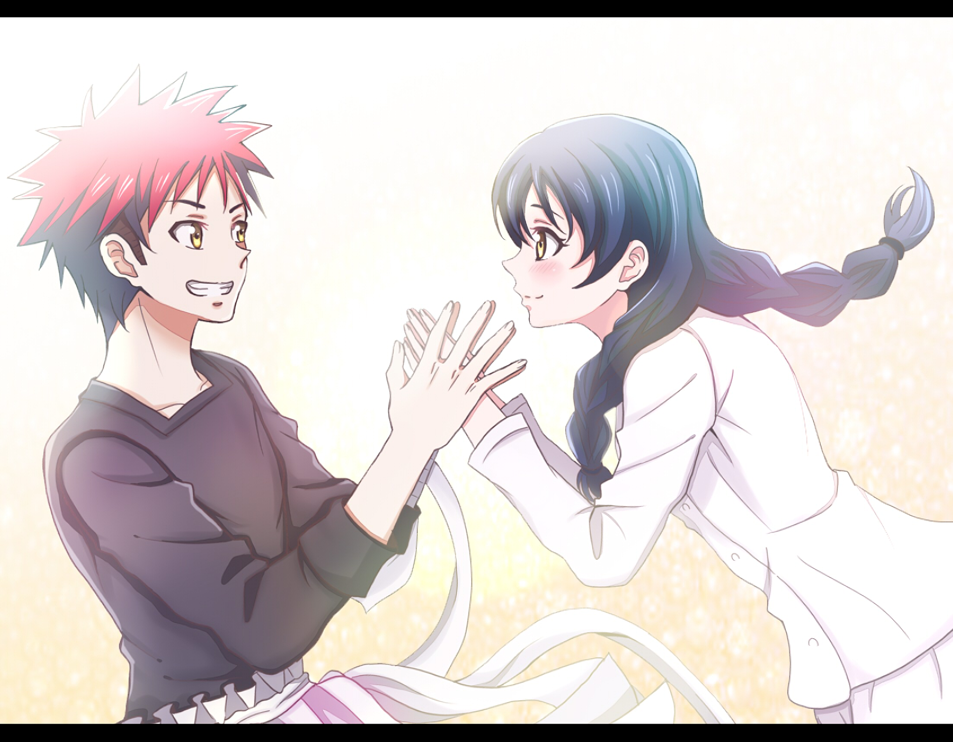 HD PC desktop wallpaper featuring anime characters Sōma Yukihira and Megumi Tadokoro from Food Wars: Shokugeki no Soma sharing a joyful moment.