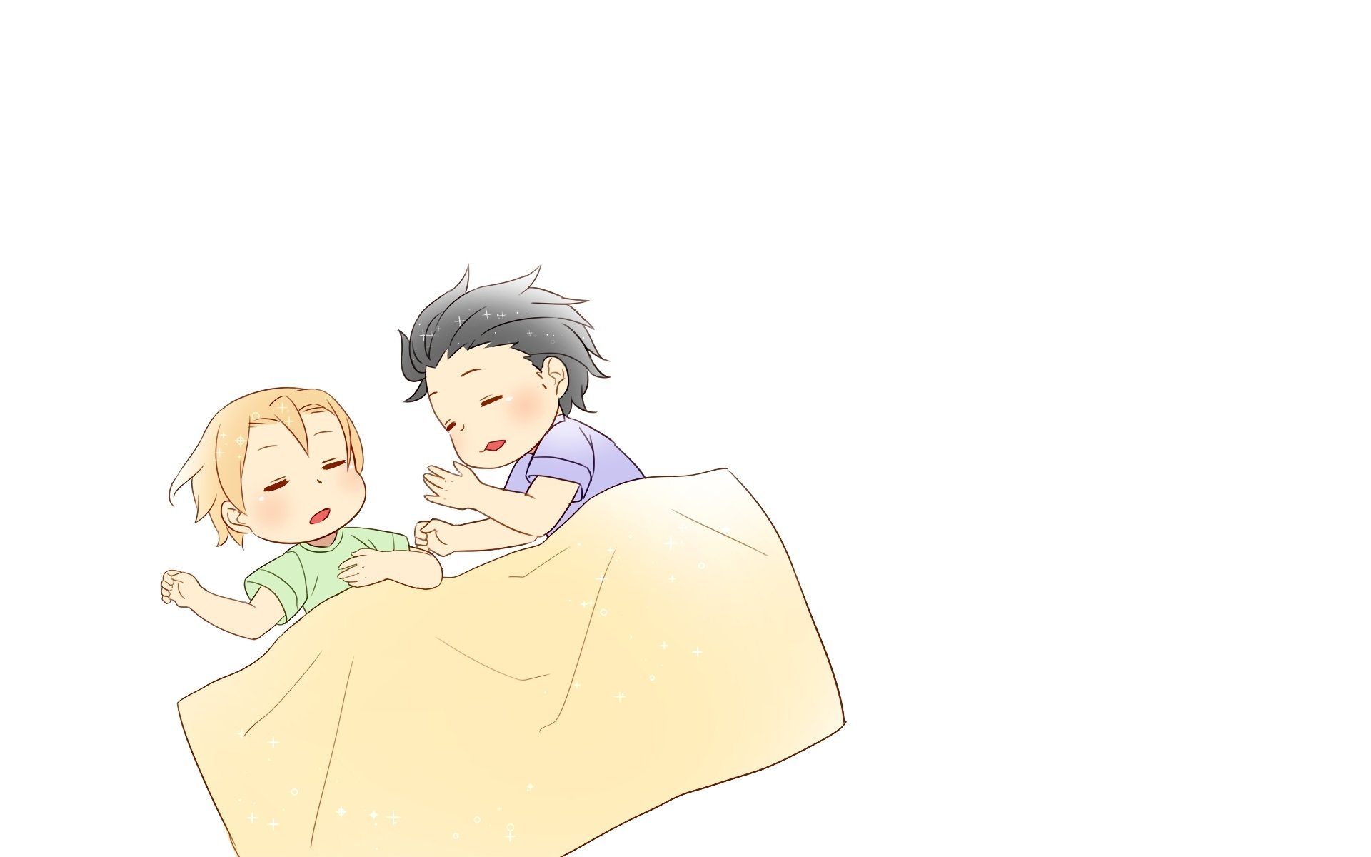 HD anime desktop wallpaper featuring Takumi Aldini and Isami Aldini from Food Wars: Shokugeki no Soma peacefully sleeping under a blanket on a white background.