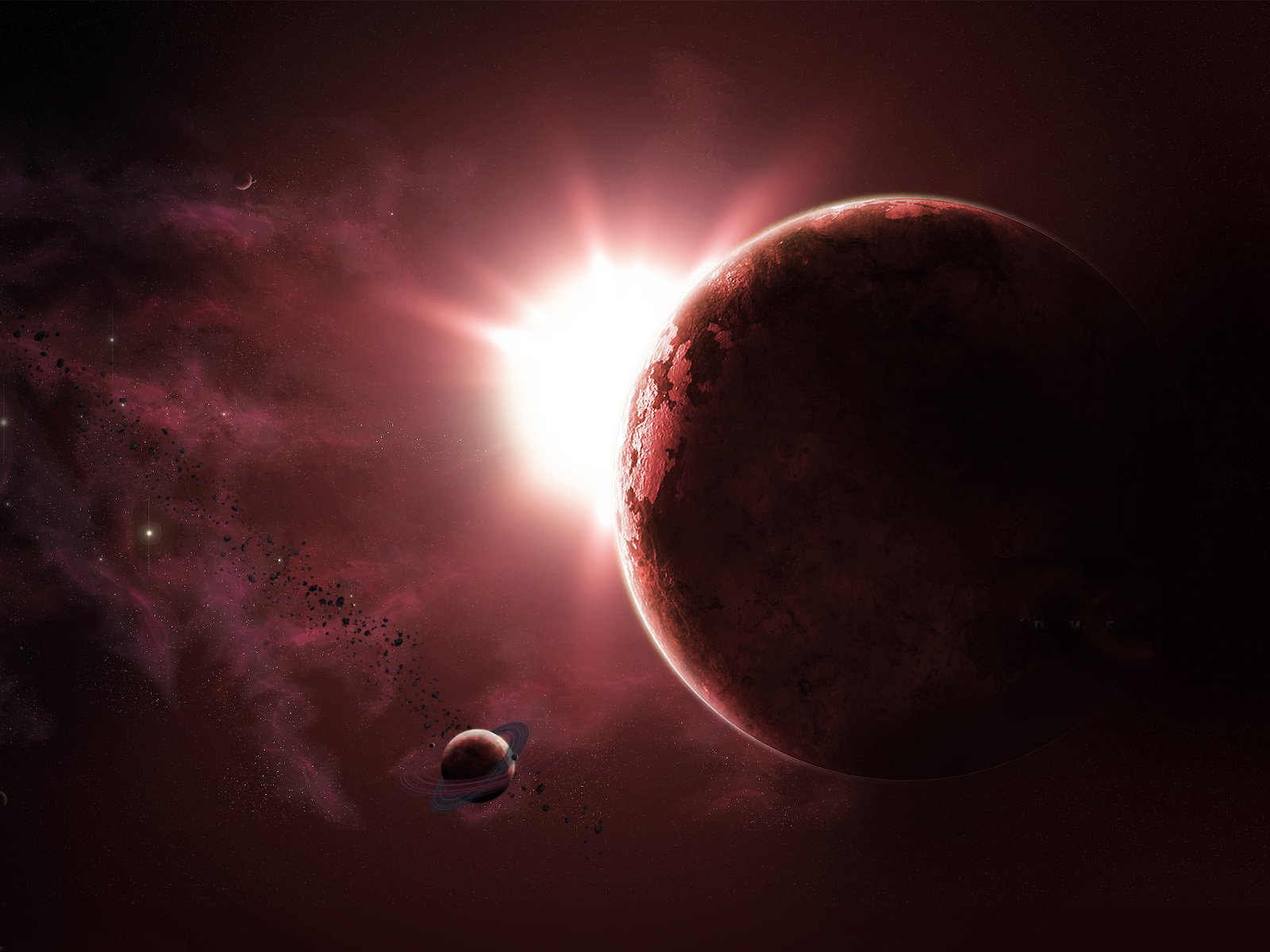 HD Sci-fi desktop wallpaper showcasing a dramatic sunrise behind a dark planet with smaller celestial bodies in a glowing cosmic scene.